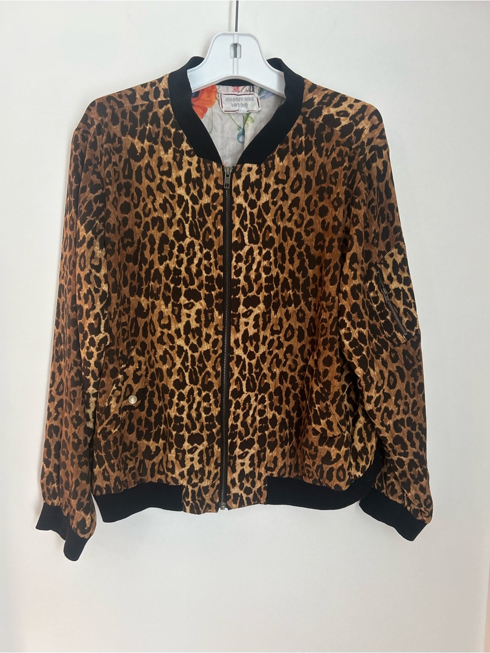 Johnny Was Workshop Leopard-Print Bomber Jacket Butterfly Print lining 100% silk
